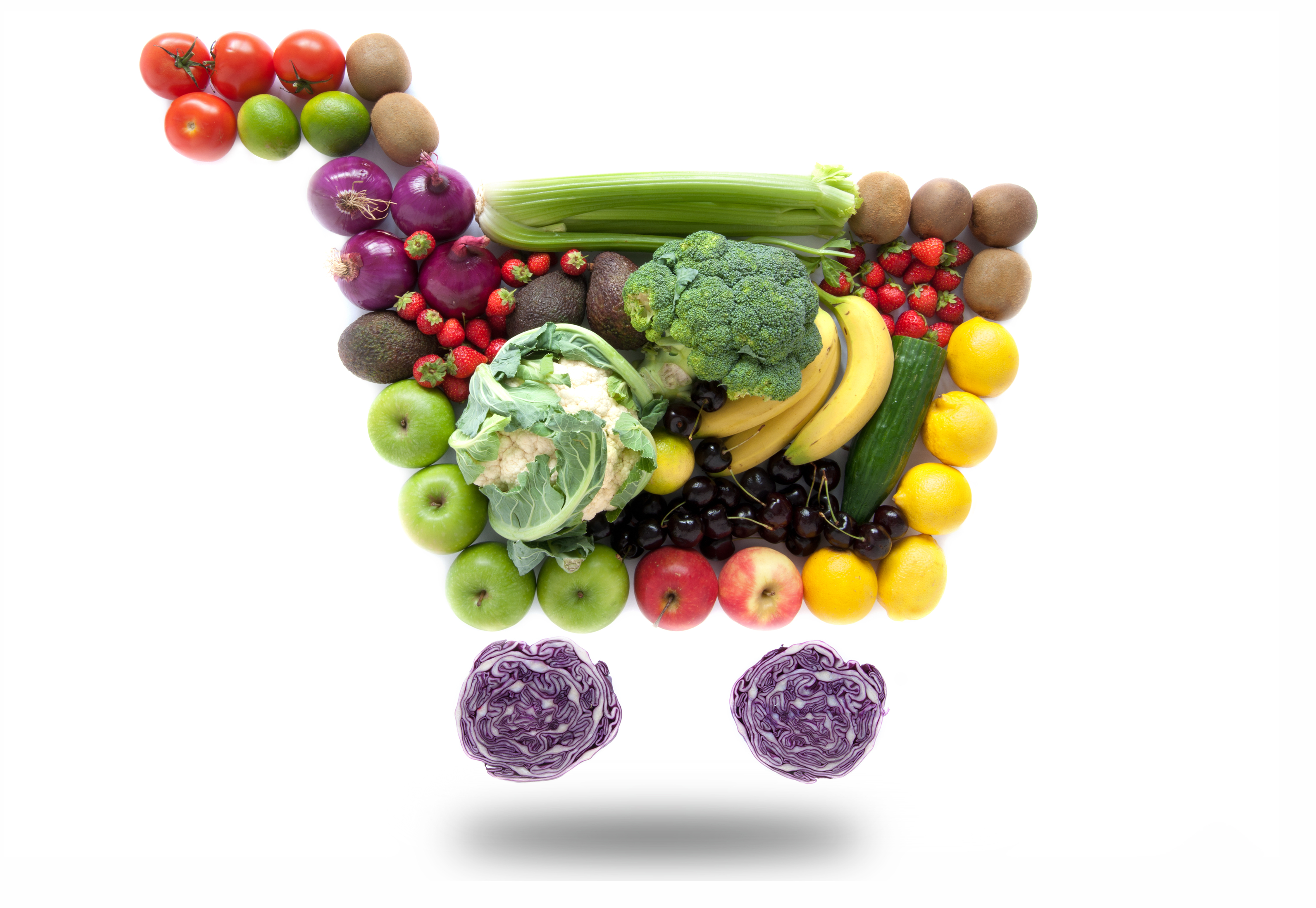 shopping cart icon made of fruits and vegetables
